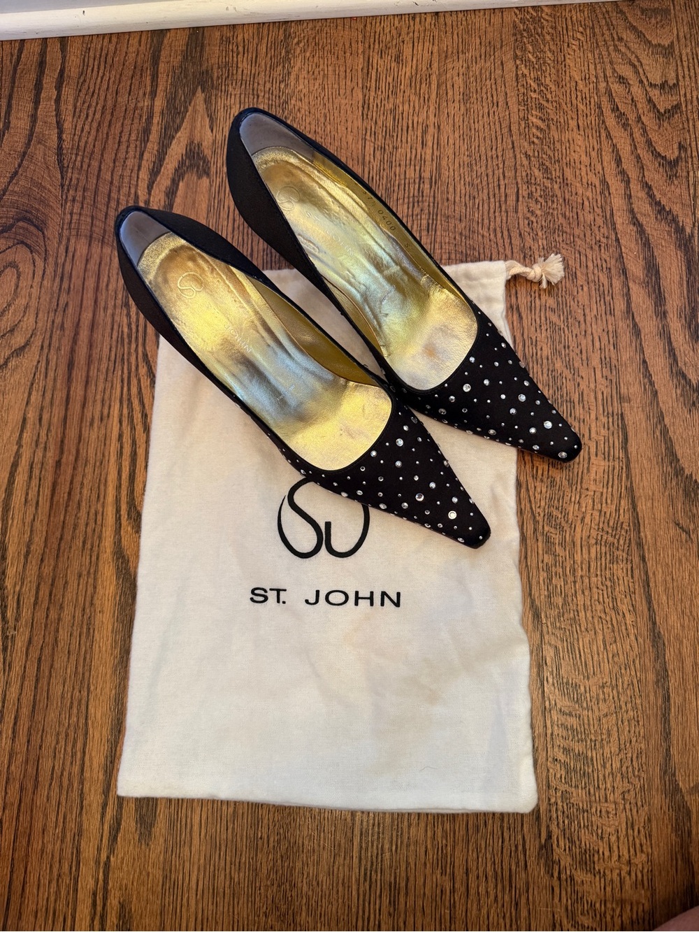 St. John Black Pointed Toe Crystal-Studded Pumps